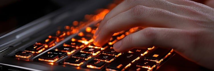 A close-up of a hand typing on a backlit keyboard, glowing with warm orange light against a dark background.