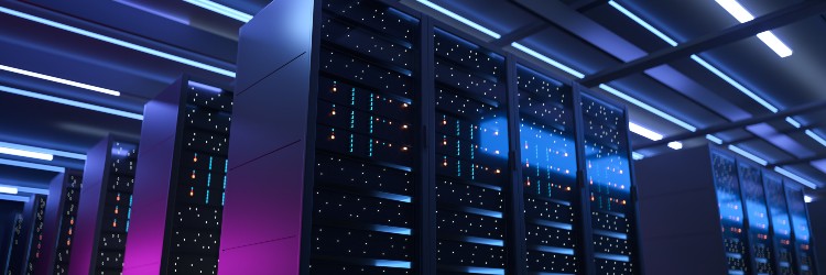 A modern data center featuring sleek server racks illuminated by colorful LED lights in a futuristic, tech-inspired environment.