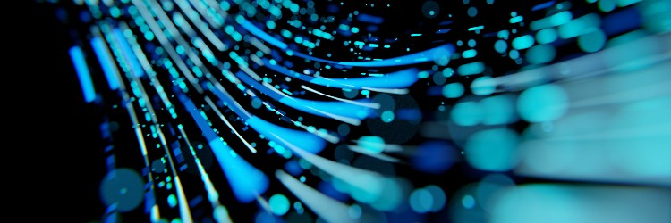 Abstract visualization of flowing blue light and particles, creating a dynamic wave-like pattern against a dark background.